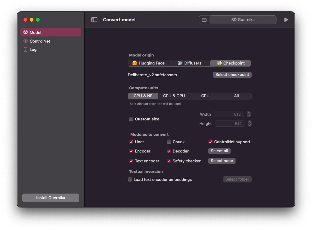 Guernika Model Converter interface